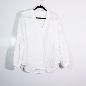 120% Lino Lightweight Linen V Neck Eyelet Long Sleeve Blouse Shirt Top White M